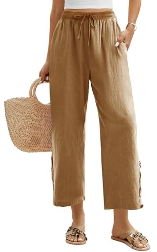 Niwicee Byxor för dam lätta sommarbyxor 7/8 bomullsbyxor breda ben bekväma elastiska byxor enfärgad haremsbyxor strandbyxor med fickor, Khaki, XL