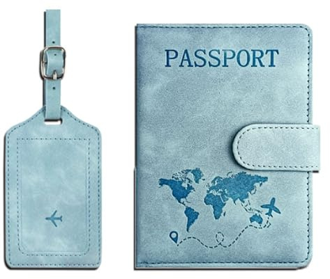 KUKUPOW Azul Funda Pasaporte Set con Bloqueo RFID, PU Funda para Pasaporte y Etiquetas para con Identificador De Maletas, Portadocumentos Viaje para Crédito, Boletos De Aerolínea