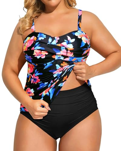 Aqua Eve Zweiteiliger Damen-Tankini, trägerlos, Bandeau-Badeanzug mit hoher Taille, Mehrfarbiges Blumenmuster, 18 Plus
