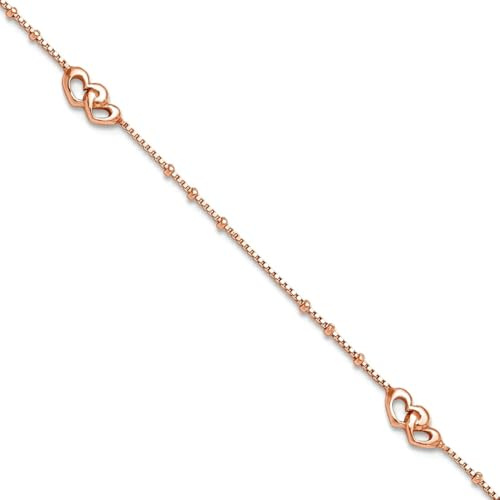 Bracelet de cheville pour femme en argent sterling 925 poli avec cœurs de 0,8 mm d'épaisseur et 23 cm