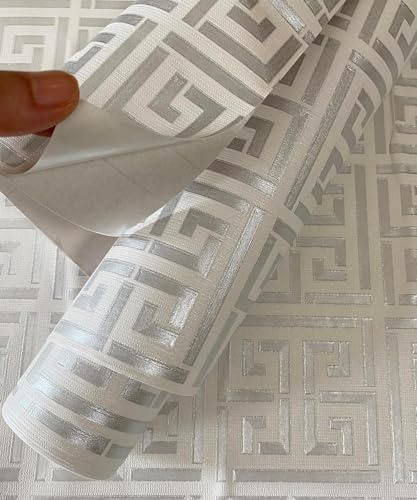 Kamildecor Greek Key Wallpaper Silver Peel and Stick Wallcovering 17.7X236.0 Exclusive Athens Geometric Textured Self Adhesive Wallpaper Room Wall Cabinets