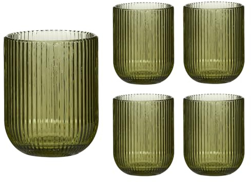 Set of 4 Ribbed Tumbler Glasses 270ml Retro Mid-Century Modern Style Rippled Finish Dishwasher Safe Drinking Glasses Alfresco Dining Cocktail Tumbler Glass Glassware Set (Green)