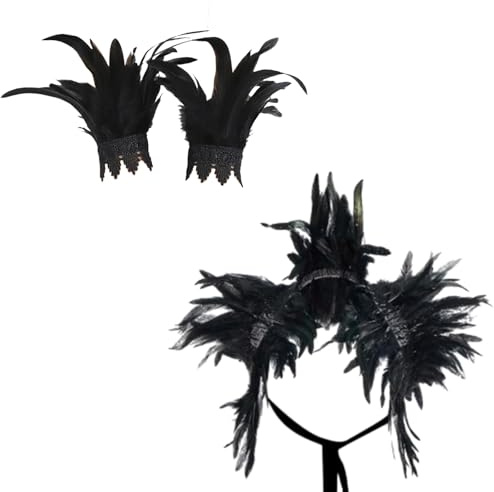 MUNSKT - Collar de plumas, pulsera de plumas, cuello y chal, disfraz de Halloween, pluma, hombro, para mujer, gargantilla para foto y fiesta, Negro , Talla única