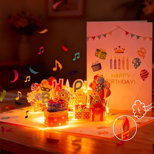 HundoPony Happy Birthday Geburtstagskarte mit Musik, Pop Up Kuchen Geburtstagskarten und Licht 3D Feuerwerk Karte Geburtstag Geschenke für Ehemänner, Männer, Frauen und Freunde