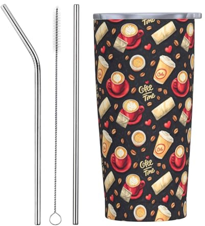 Love Coffee - Vaso con tapa y popote, vasos aislados de acero inoxidable de 20 onzas, taza de café personalizada, botella de agua