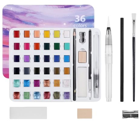 Fogukier Aquarellfarbe – 36 Farben Kunst-Bastelset, tragbares Farben-Set mit Pinselstift für Outdoor-Maniküre, Anfänger, Reisen, Klassenzimmer, Erwachsene, Kinder, Café, Kunstprojekte