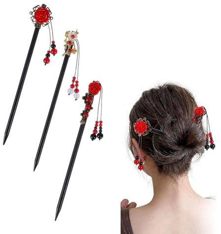 Women's hairpin, flower hairpins, Chinese Hairpin, Vintage Tassel, Japanese Hair Sticks, Handmade Chignon Jewellery, Hair Accessories for Women, Girls, Design Hairstyle Updo (B)