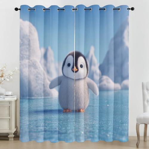 Generisch 3D Niedlich Pinguin Vorhänge, Cartoon Tier Vorhang mit ösen 2er Set, Jungen Mädchen Kinder Gardinen Blickdicht Verdunkelungs für Kinderzimmer Schlafzimmer Wohnzimmer B 117 X H 137 cm D72l