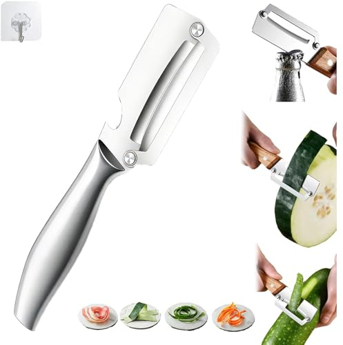 Pelador multifuncional de verduras para cocina, acero inoxidable ultra afilado, para verduras, frutas, zanahorias, naranjas y patatas, con mango ergonómico de madera y abridor de botellas (plateado, 1