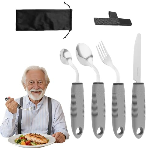 DAJASD Cubiertos Seniors Para Parkinson, 4 Piezas Cuchara Adaptables, Cubiertos Easy Grip, Ángulo De 42°, Mango Antideslizante, Con Correas De Fijación, Para Ancianos, Artritis, Parkinsons(Zurdo)