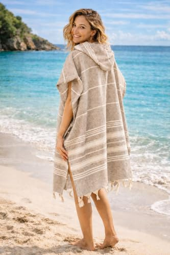 ELY PARKER Strandponcho Damen – 100% Baumwolle Strandtuch & Strandkleid – Pestemal Badeponcho mit Kapuze – Leicht & Schnelltrocknend für Sauna, Strand & Pool Braun