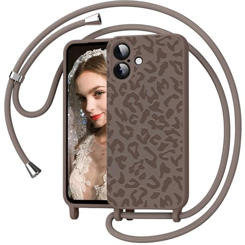 Mosoris Handyband für iPhone 17 Hülle mit Band, Leopardenmuster Silikon Handyhülle mit Kette, Necklace Schutzhülle zum Umhängen Kordel, Liquid Silikon Case für iPhone 17 6.3, Kahki