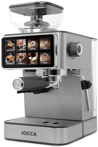 Jocca - Cafetera Espresso Semiautomática 20 Bar con Molinillo, Pantalla Táctil, 22 Niveles de Molienda, Vaporizador, Depósito 1,3L, 1450W, Acabado en cromado Acero Inoxidable