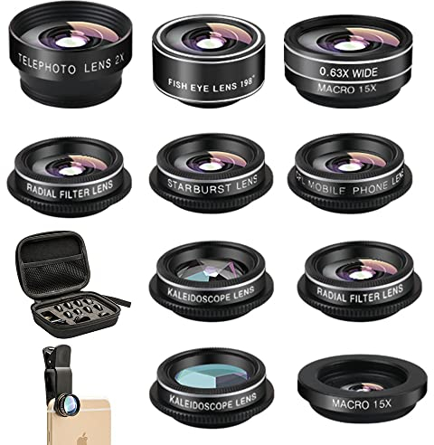 11 in 1 Cell Phone Camera Lens Kit Wide Angle Lens & Macro Lens+Fisheye Lens+Telephoto Lens+CPL/Flow/Radial/Star/Soft Filter+Kaleidoscope Lens Compatible for iPhone Samsung Sony and Most of Smartphone