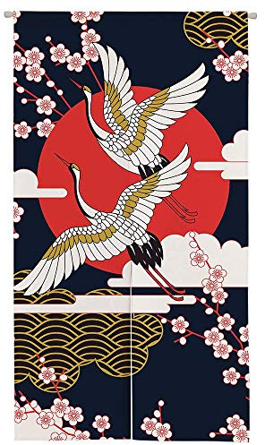 Ofat Home Japanischer Noren-Türvorhang, breit, künstlerischer Kran und Sakura, Wandbehang, Küchenteiler, Schlafzimmertür-Dekoration, 85 x 150 cm