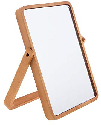 Hosoncovy Miroir de Table en Bois Miroir de Maquillage Miroir de Table avec Support Pliant HD Rectangle Miroir de Salle de Bain Debout Libre Miroir de Bureau avec Support (Jaune)