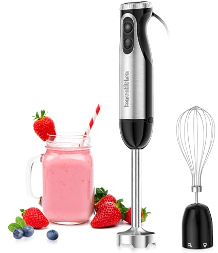Bonsenkitchen Batidora de Mano, 2-in-1 Multifunción Batidota con Batidor, 20 Velocidades Ajustables, Varilla Mezcladora para Alimentos para Bebés, Sopa, Batidos, Puré, Salsa
