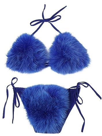 ZOSCGJMY Bikini da donna in finta pelliccia Halter String Triangolo Set Due Pezzi Costumi Da Bagno, Blu, 56D