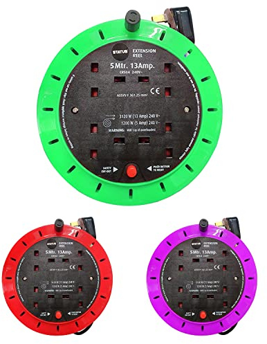 4 Socket Extension Lead Reel, 5m,13A, 240V, Large Power Strip Extension Cords with Safety Cut Out Switch,Heavy- Duty Electrical Cable Cassette Reel - Assorted Color