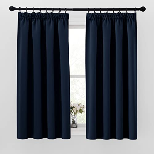 PONY DANCE Tende Oscuranti per Interni Corte 2 Pezzi Tenda Termica Isolante con Fettuccia Casa Finestre Curtains Decorazione Cameretta Bimba 140x145 CM, Blu Scuro