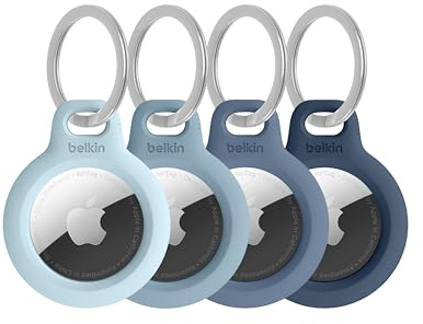 Belkin Apple AirTag-hållare med nyckelring (4-pack), tålig, reptålig säker hållare med öppen framdel och förhöjda kanter, skyddande AirTag-nyckelring för nycklar, husdjur, bagage, m.m. - Blå