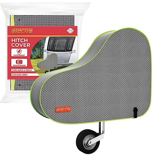 GADLANE Caravan Hitch Cover with Strap - Waterproof Tow Bar Cover (Grey) | Universal Tow Hitch Cover 62cm x 90cm, Heavy Duty Nylon with Green Fluorescent Strip, for Most Caravans/Motorhomes/Trailers