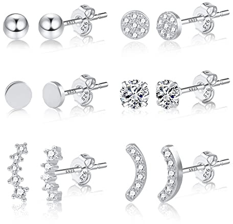 ASH'S CHOICE Pendientes Para Mujer 6 Pares De Pendientes Pequeños Para Cartílago Oreja Clavos Chapados En Plata S925/Oro De 14 Quilates Hipoalergénicos, Adecuados Para Mujeres, Niñas y Hombres