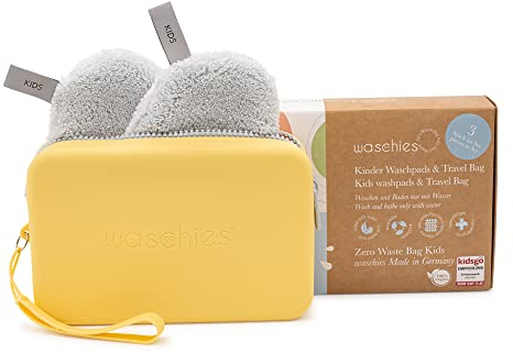 waschies Zero Waste Bag Kids, praktisches Set mit Travel Bag in Pastel Yellow & sanften wiederverwendbaren Reinigungs- & Wasch-Pads für Baby- & Kinderhaut in Pastel Blue