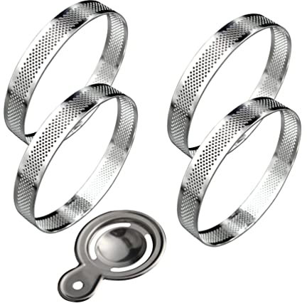 Stareal Lot De 4 Anneaux à Tarte Circulaires avec Trous en Acier Inoxydable pour Tarte Aux Fruits, Quiches, Gâteau, Mousse, Moule De Cuisine avec 1 Séparateur D'?ufs (15cm)