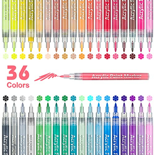 CeleMoon 36 Colors Acrylic Paint Pens Markers for Rock Painting, Glass, Stone, Ceramic, Wood, Fabric, Canvas, Art Supplies - Extra Fine Tip 0.7mm for Christmas Easter Egg DIY Crafts Making