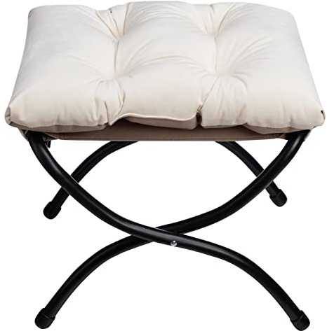 HollyHOME Fußhocker Klappbar Fußablage Fußstütze Faltbar Fusshocker | Sitzhocker mit Metallbeinen Abnehmbar Gepolsterte Sitzfläche Samt Indoor Outdoor, Beige