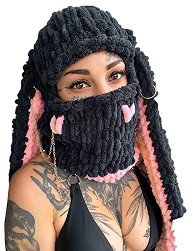 RTGSE Frauen Stricke Vollgesichtski -Maske Häkelbalaklava Winter warm warm warm Kawaii süße Hasenohren Stricke Balaclava Gesichtsabdeckung Maske (A-Long Ears Pink, One Size)