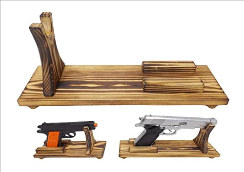 Inkwellinserts Pistol / Handgun stand rack holder Handcrafted Wooden collectors display 2 sizes (Large up to 12 gun)