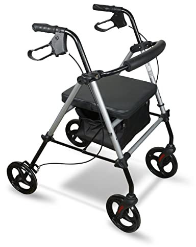 Aidapt Rollator 4 Wheel with Seat,Lightweight,Padded Backrest,Height Adjustable,Ergonomic Handle Brakes,Shopping Bag,8 Puncture Proof Wheels,Folding,Elderly Mobility Aid,NO Tools Required