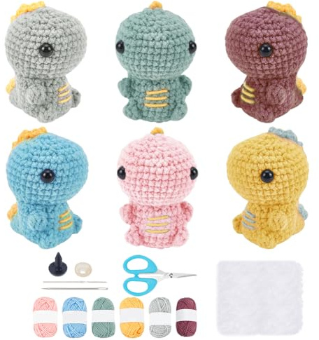 FREEBLOSS 6 Sets Dinosaurier-Häkelset Häkeltier-Set Häkel-Starter-Set Häkelsets für Anfänger zum Selbermachen 4 PCS Bienen lernen häkeln mit Anleitung