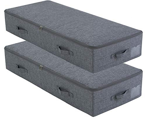 Amonsen Lot de 2, grand conteneur de rangement pliable sous le lit pour couettes, couvertures, vêtements, chaussures, planches en plastique rigide à l'intérieur, lavable, noir et gris