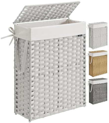 SONGMICS ULCB164W01 schlanker Wäschekorb mit Deckel, 55 l, Rattan-Wäschekorb mit Deckel und Griffen, faltbar, herausnehmbares Futter, Wolkenweiß (Cloud White)