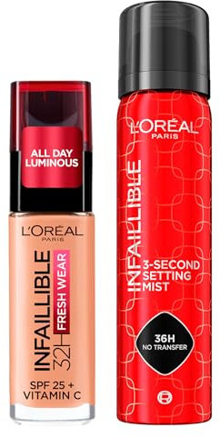 L'Oréal Paris Infaillible flüssiges Make-up 32H Fresh Wear SPF 25 Waterproof Vitamin C Farbe 220 Sable Sand + Fixierspray 3-Second Setting Mist 75 ml
