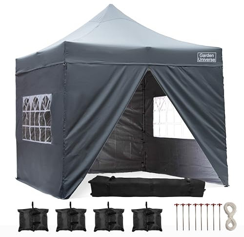 Garden Universe 3m x 3m Pop-Up Gazebo with Sides Weight 34kg Heavy Duty Grey Waterproof Commercial Grade Market Stall Leg Weights Wheeled Carry Bag Marquee Canopy Party Tent GAZ10-Grey