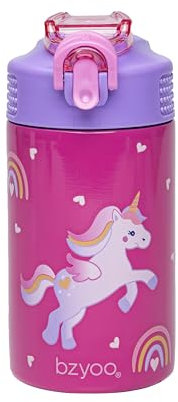 bzyoo HappyPal Gourde en acier inoxydable pour enfant, 39 g, rose, avec poignée violette avec motif licorne, bouchon de paille et couvercle, fermeture sécurisée, idéale pour les déplacements