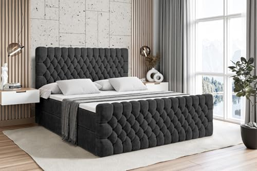 ALTDECOR Boxbett mit H3-Matratze Fußteil Serene-Z - 200x200 - Schwarz | Lattenrost, Topper, Boxspringbett mit Bettkasten, Bett mit Stauraum, Doppelbett, Polsterbett