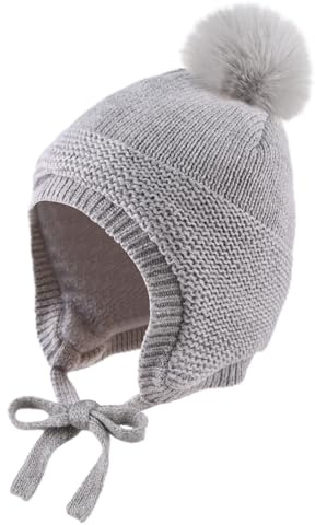 XIAOHAWANG Caliente Earflap bebé Beanie Chica Niño Invierno Sombrero con Vellón Muy Pequeño Lindo Pom Pom (6-24 Meses, Gris)