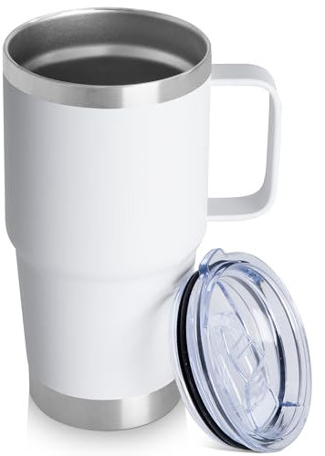 20oz Tumbler with Handle & Lid, Insulated Stainless Steel Travel Mug, Leakproof Cup for Coffee & Tea, BPA-Free Double-Wall Vacuum Tumblers for Hot/Cold Drinks, Commuter, Gym, Office, White 1 Pack