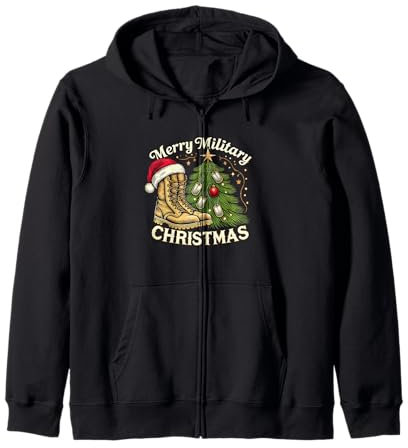 Frohe Militärweihnachten Festliche Militärstiefel und Hundemarken Kapuzenjacke