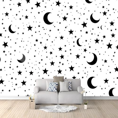 Fototapete Mondsterne Schwarz Und Weiß 200x140 cm 3D Vliestapete Wandbild, Mustertapete Moderne Wandtapete, Wohnzimmer Schlafzimmer Kinderzimmer Büro Flur Wanddeko
