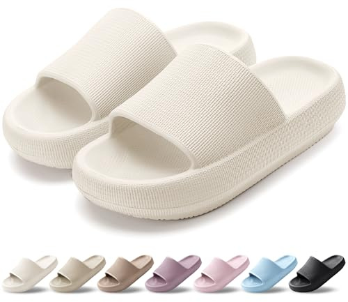VAVOBIS Sliders Cloud Slippers Women Men Lightweight Slippers Cloud Sliders Non-Slip Flip Flops with Thick Sole for Bathroom Pool Beach House Waterproof Indoor/Outdoor，Beige，4-5 UK
