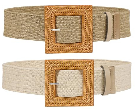 SUOSDEY 2 Stück Stroh gewebter elastischer Stretch-Taillengürtel für Frauen Sommer Boho Wide Waist Dress Band Geflochtene Gürtel, Khaki + Sandfarbe