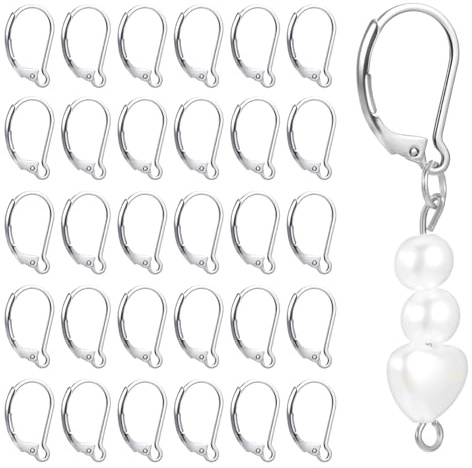30 ganci per orecchini in acciaio inox, con chiusura a leva, orecchini in argento, orecchini grezzi, orecchini fai da te, con passante aperto, orecchini fai da te, set per orecchini fai da te
