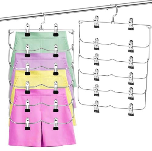 Hosenbügel Klemmbügel, Kleiderbügel Röcke Platzsparend, 2er Set Kleiderbügel aus Metall, für je 6 Hosen, Faltbare Kleiderbügel für Hosen Shorts Rock Socken Unterwäsche, Mit 24 Pcs rutschfest Klammern