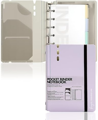 CAGIE Ringbuch A7 Nachfüllbar Binder 6 Ring Notizbuch mit Register | Loses Blatt Diary mit Taschen A7 Nachfüllpackung mit quadratischem Lineal, Daily&Dot Seite, 4.13 x 5.71 In, Hell Violett
